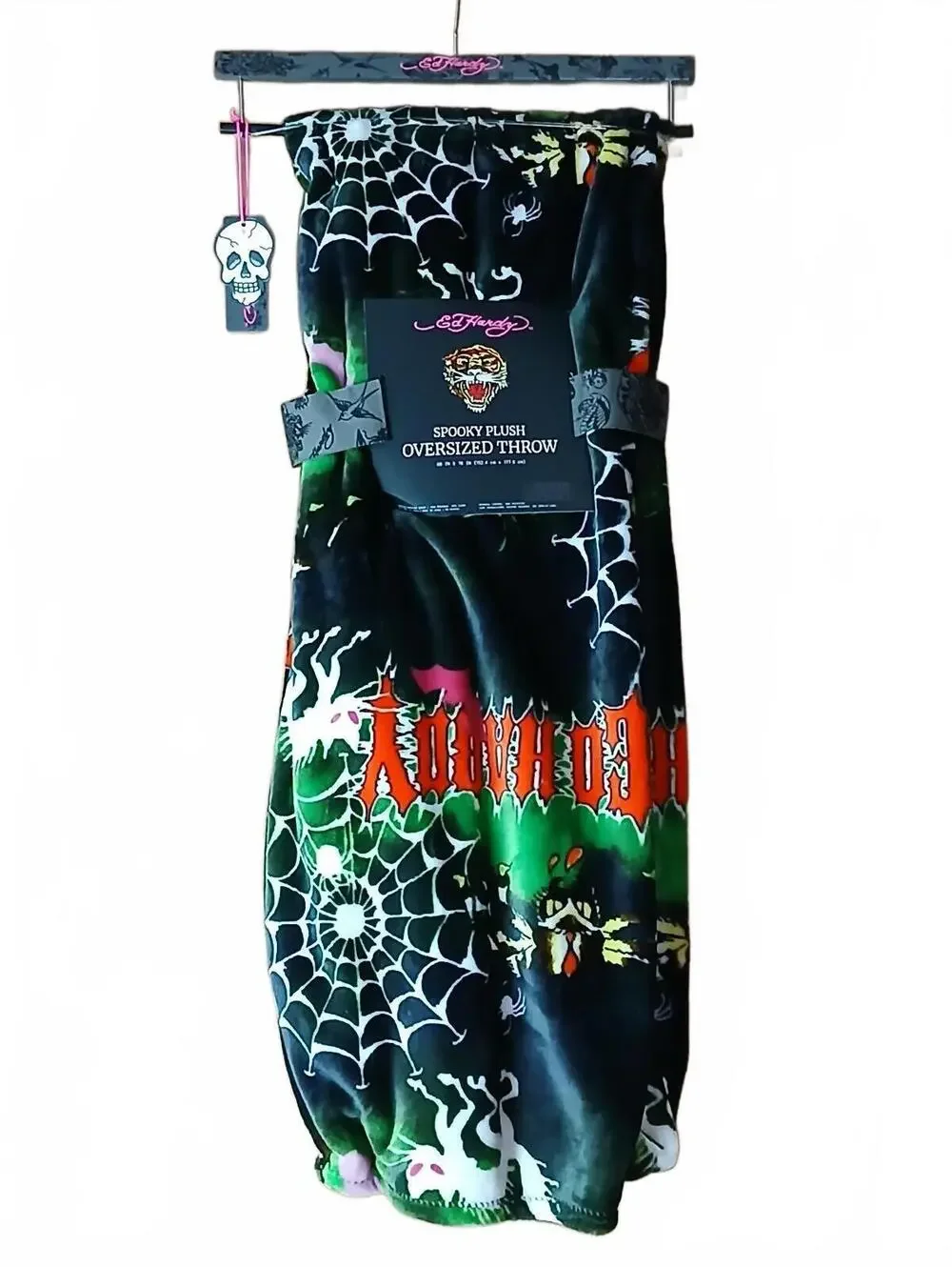 Ed Hardy Spooky Halloween Plush Throw Blanket Gothic Cat Spiderweb NWT